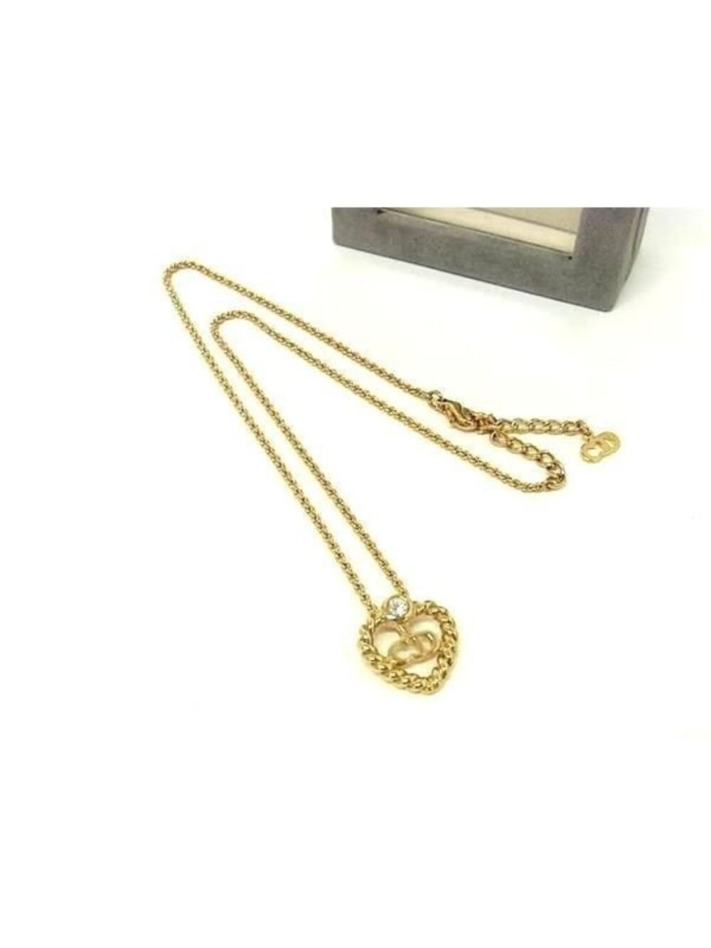 Dior Necklace Twist Heart CD Logo Gold Metal Rhinestone Vintage